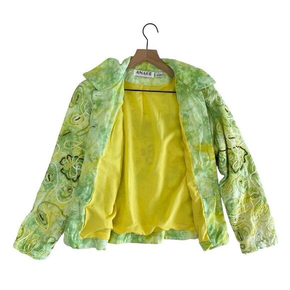 Anage Womens Tie Dye Jacket Size L Sequin Embellished Floral VTG Denim Blazer - Picture 3 of 16